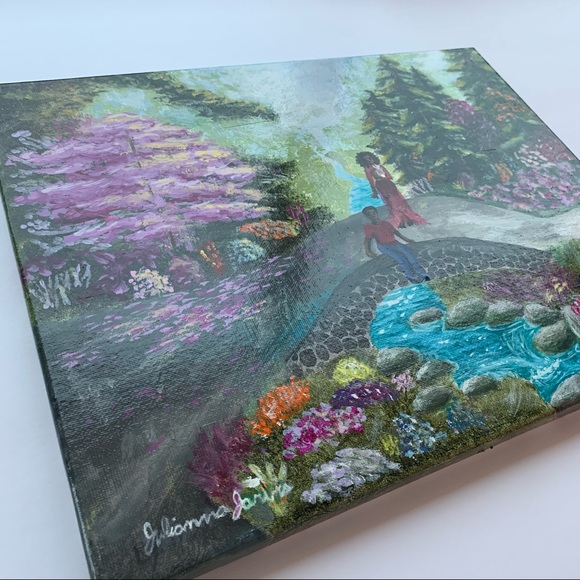 Original magical Garden painting colourful gloss varnished people bridge bunny - Picture 3 of 10